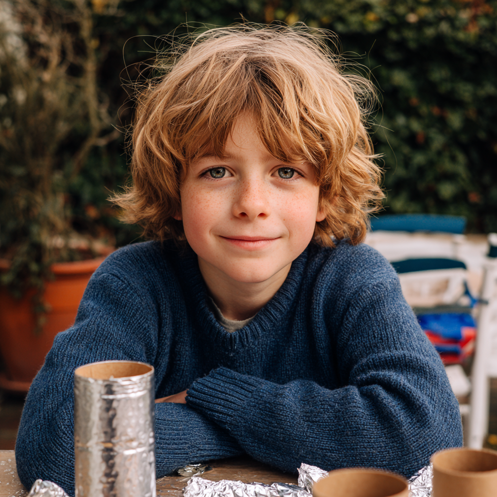 A little boy sitting at a table and making a foil and cardboard rocket | Source: Midjourney