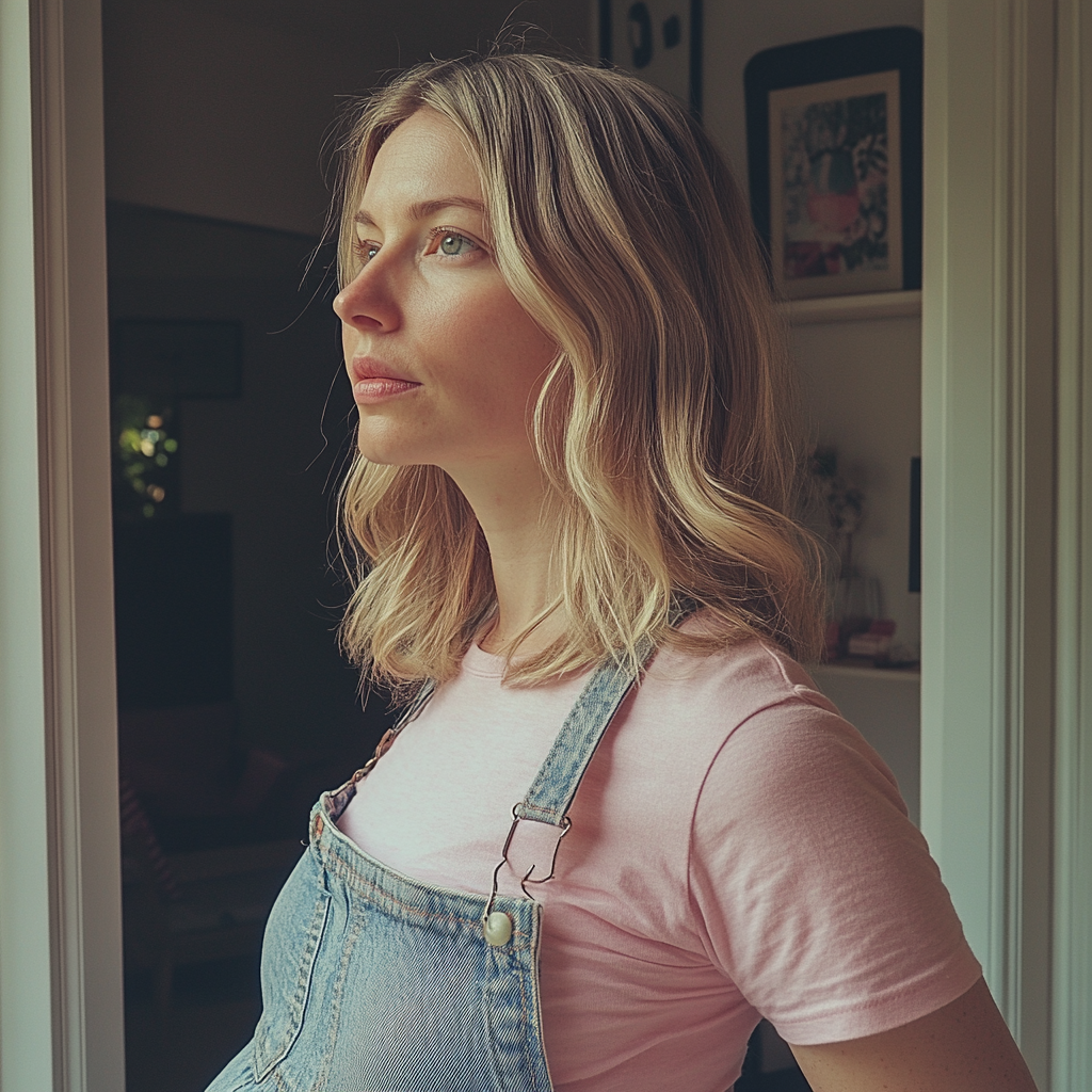 A pregnant woman standing in an apartment | Source: Midjourney