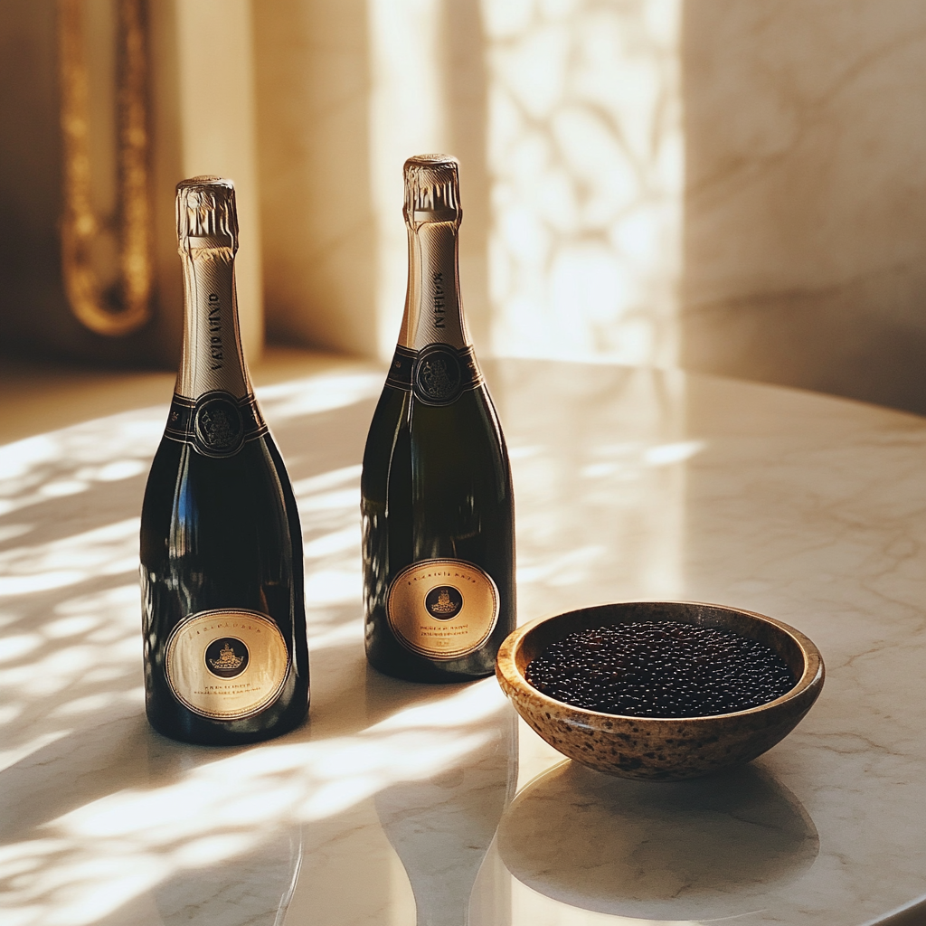 Champagne and caviar on a table | Source: Midjourney