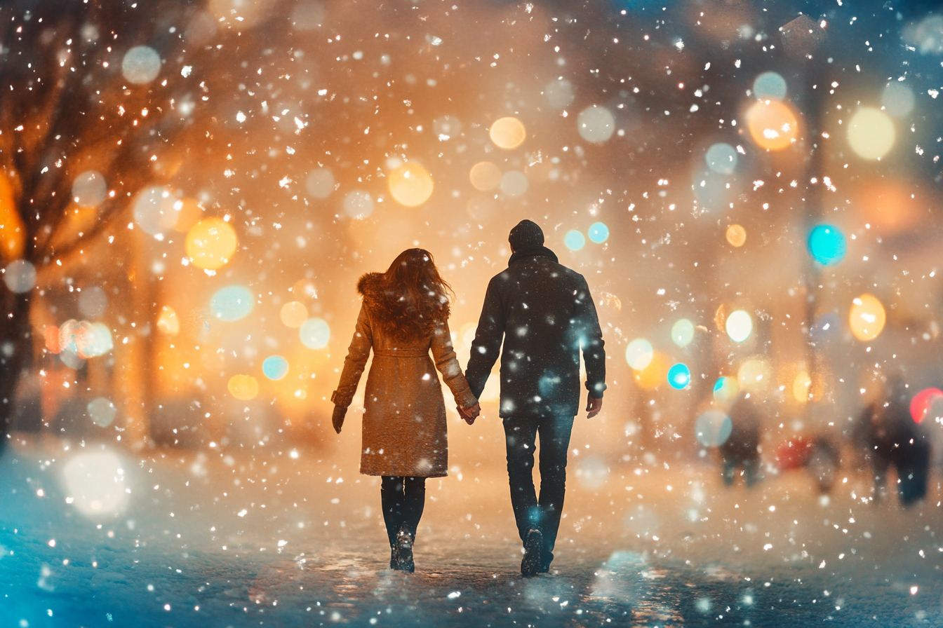 A couple walking in the snow | Source: Midjourney