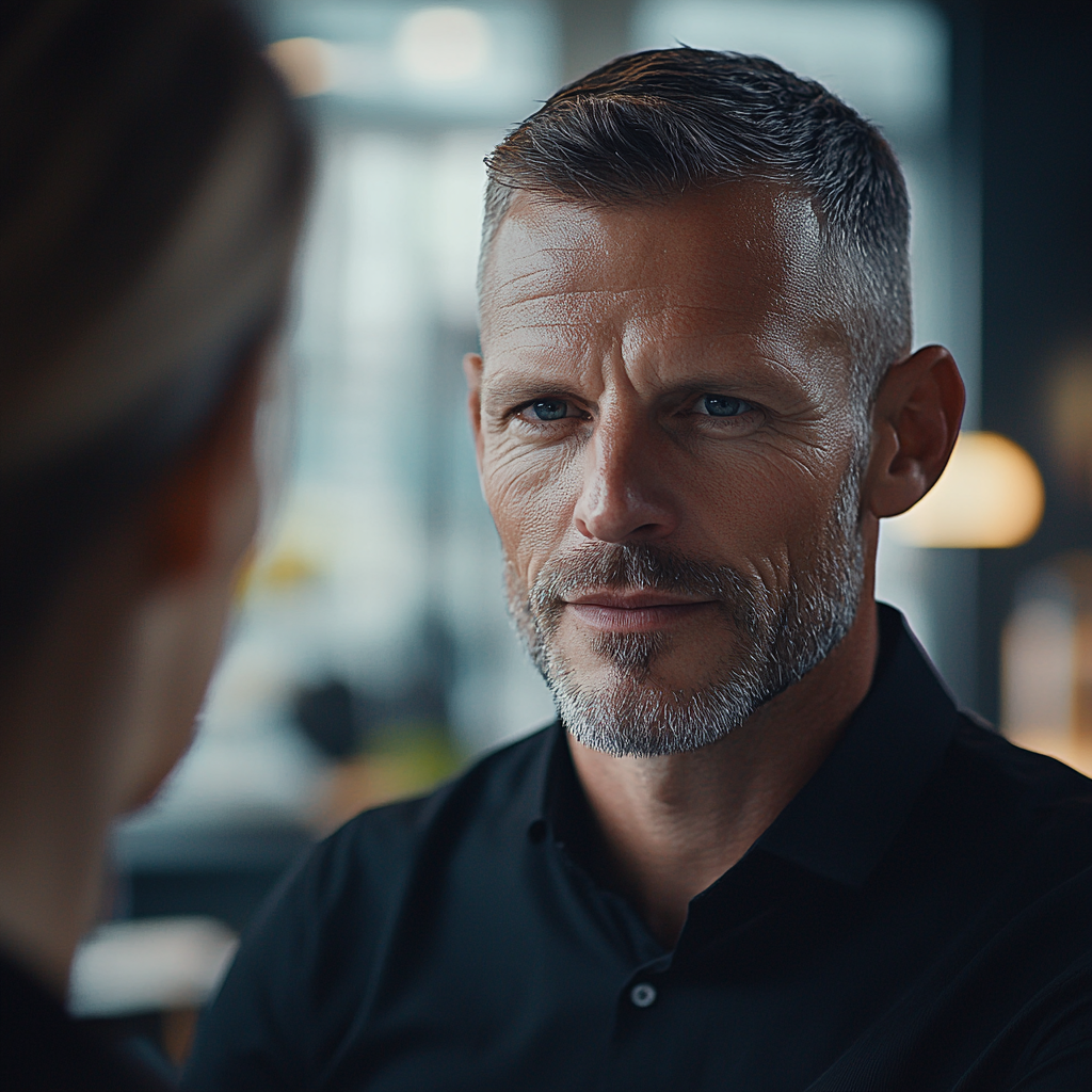 A man talking to a woman in a salon | Source: Midjourney