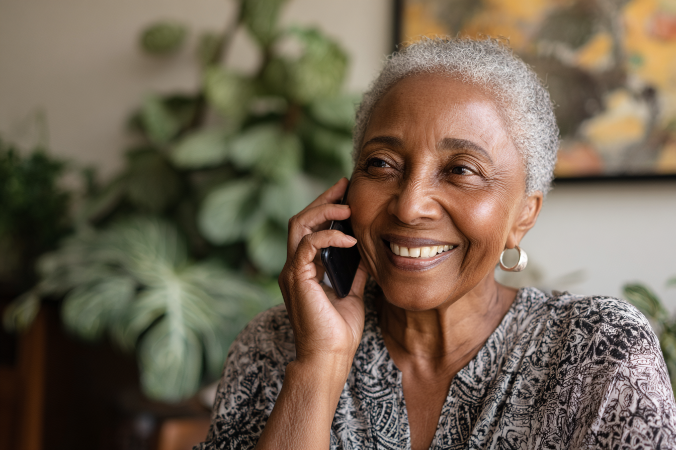 A woman smiling while speaking on her cell phone | Source: Midjourney