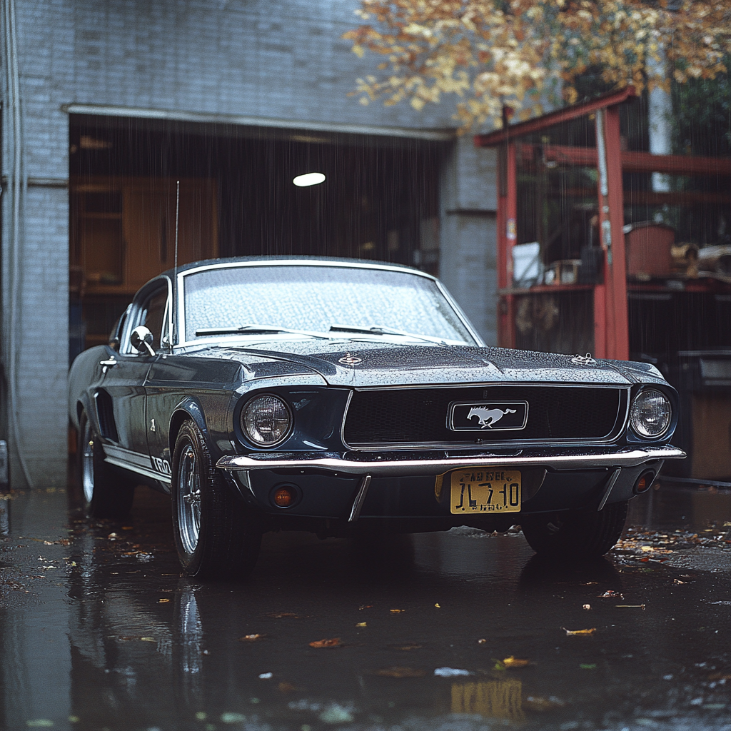 A Ford Mustang parked in front of a workshop | Source: Midjourney