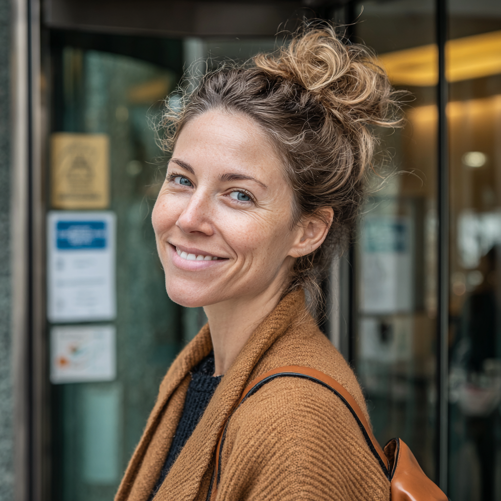 A smiling woman standing outside a bank | Source: Midjourney