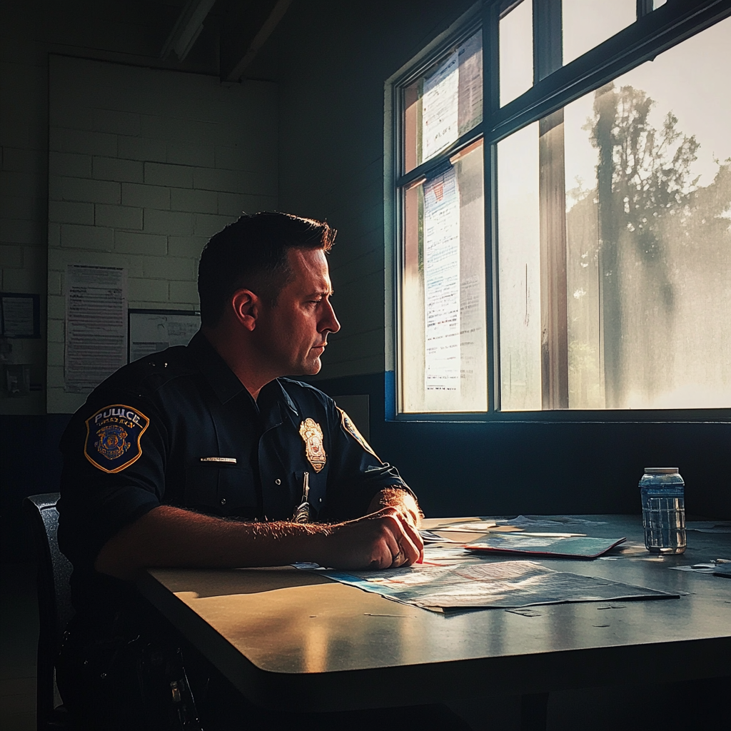 A police officer sitting at a table | Source: Midjourney