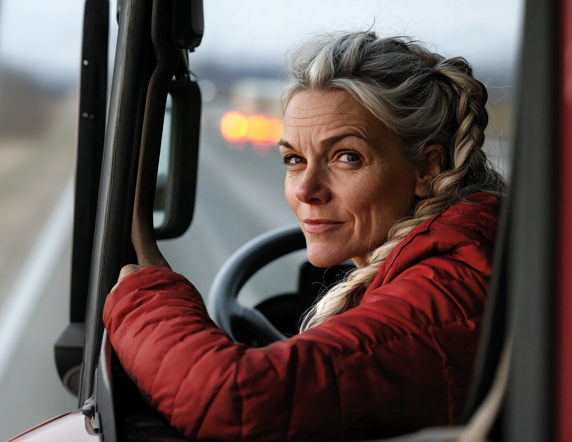 Woman driving a truck stops on the side of the road and leans out the window | Source: Midjourney