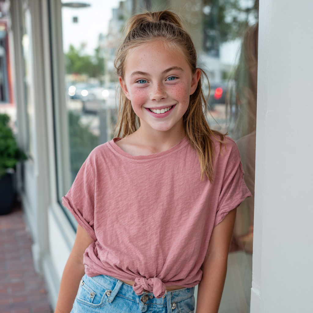 A little girl leaning against a store window | Source: Midjourney