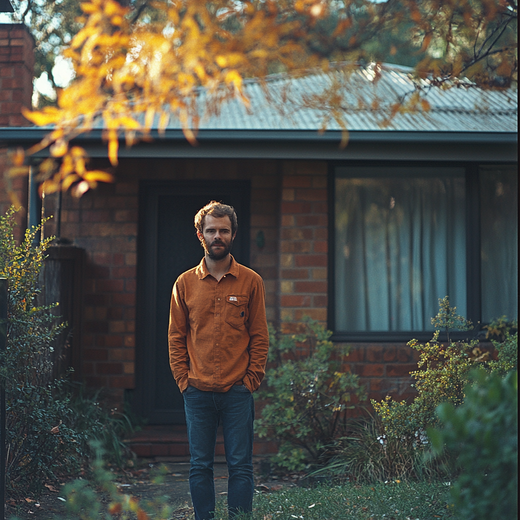 A man standing outside his house | Source: Midjourney