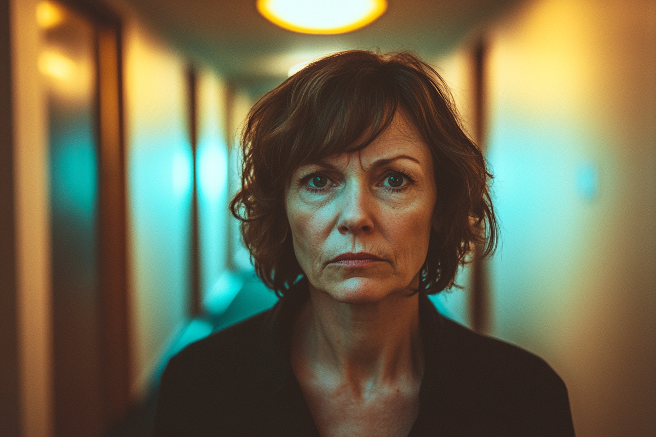 An angry woman in a hallway | Source: Midjourney