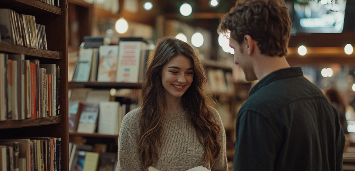 A woman and a man in a bookstore | Source: Midjourney