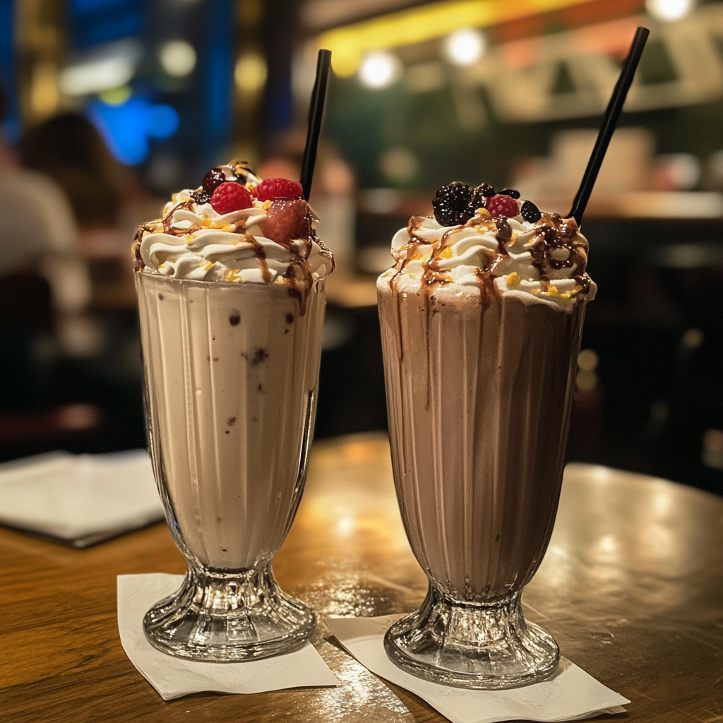 Two milkshakes on a table | Source: Midjourney