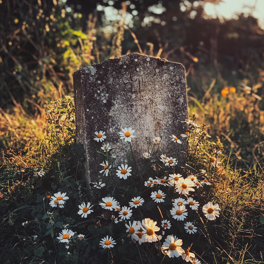 Flowers growing around a tombstone | Source: Midjourney