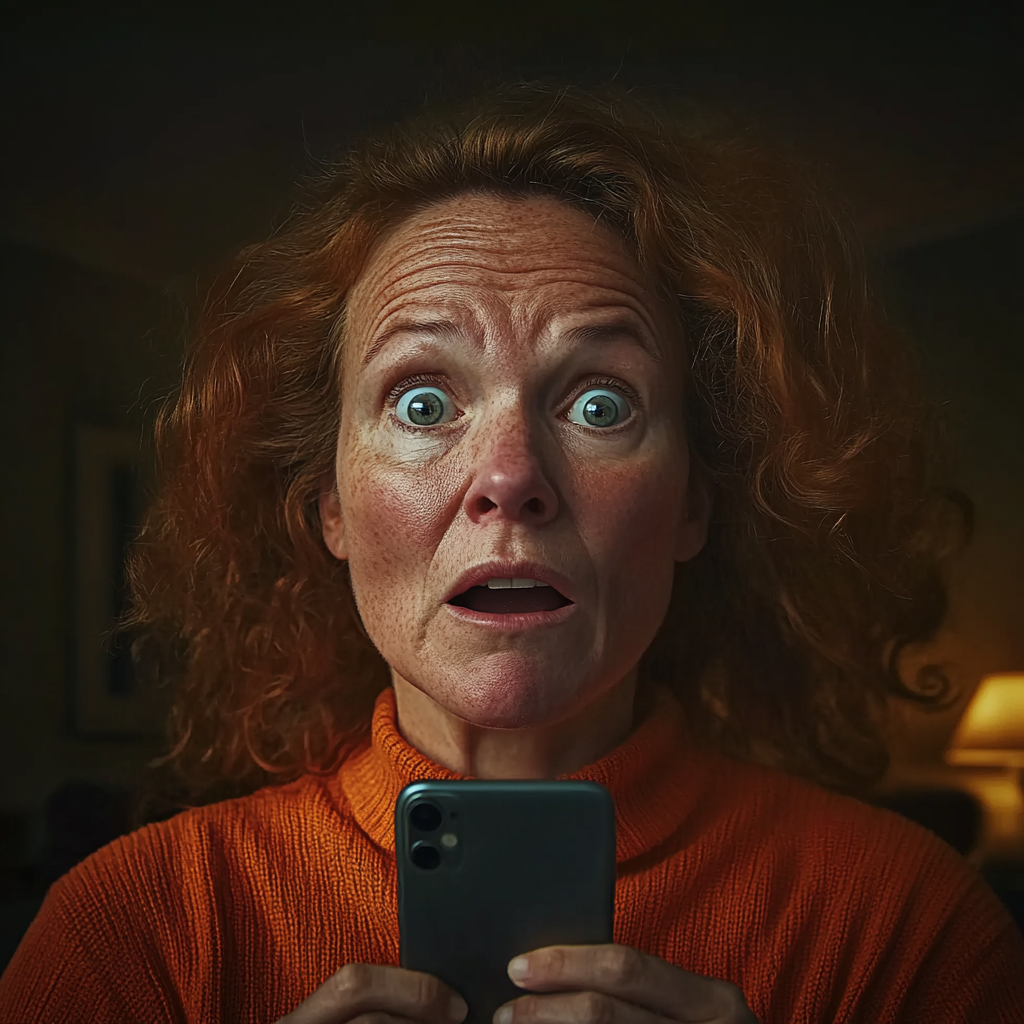 A shocked woman holding a phone | Source: Midjourney