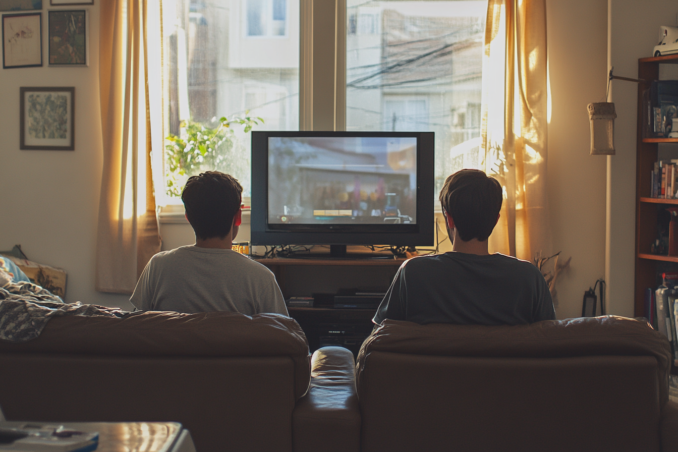 Two brothers sitting in a living room | Source: Midjourney
