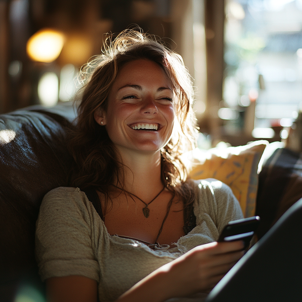 A woman laughing while talking on the phone | Source: Midjourney