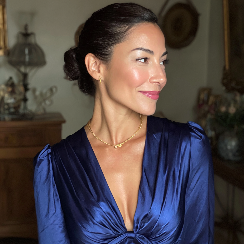 A smiling woman wearing a silk dress | Source: Midjourney