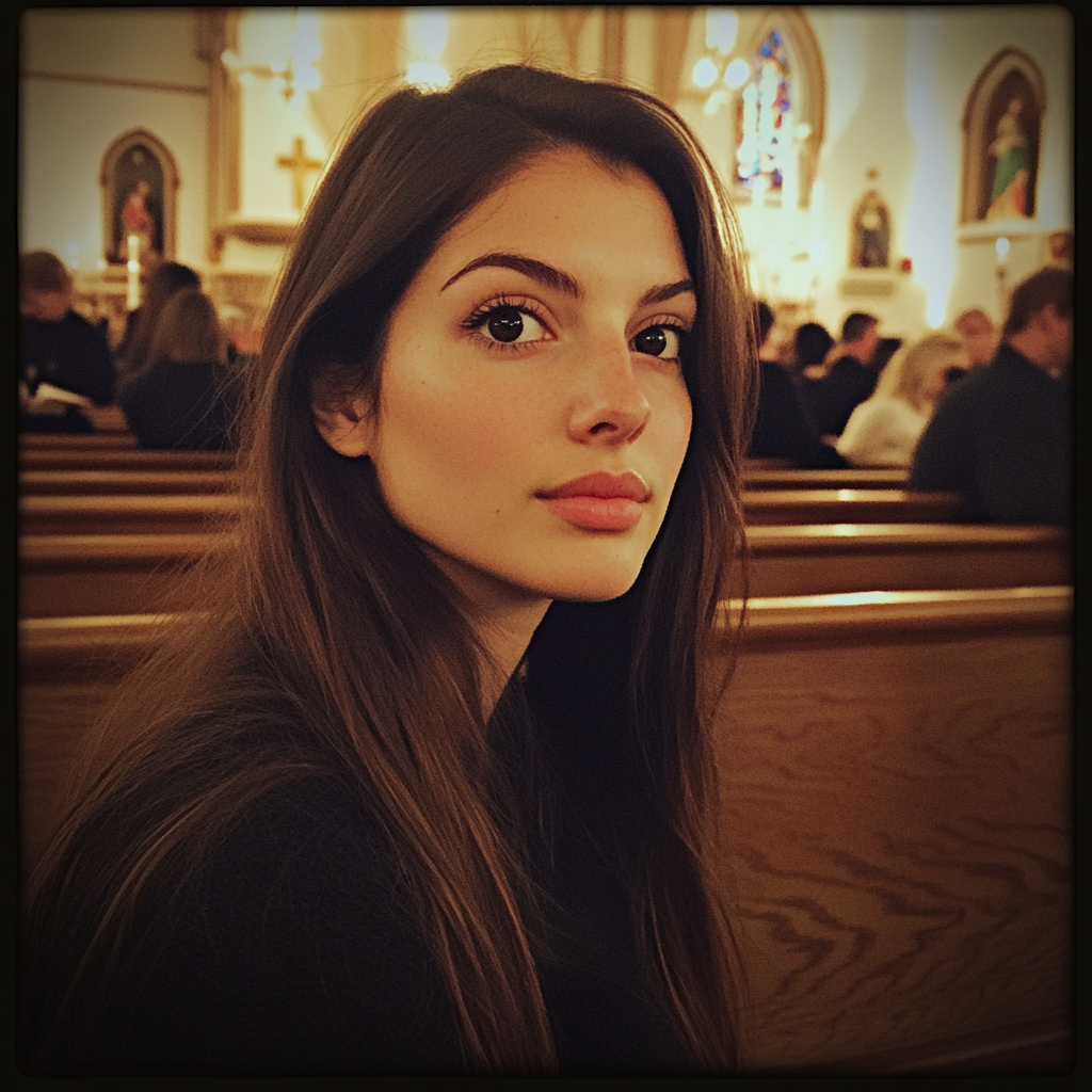 A young woman sitting in a church | Source: Midjourney