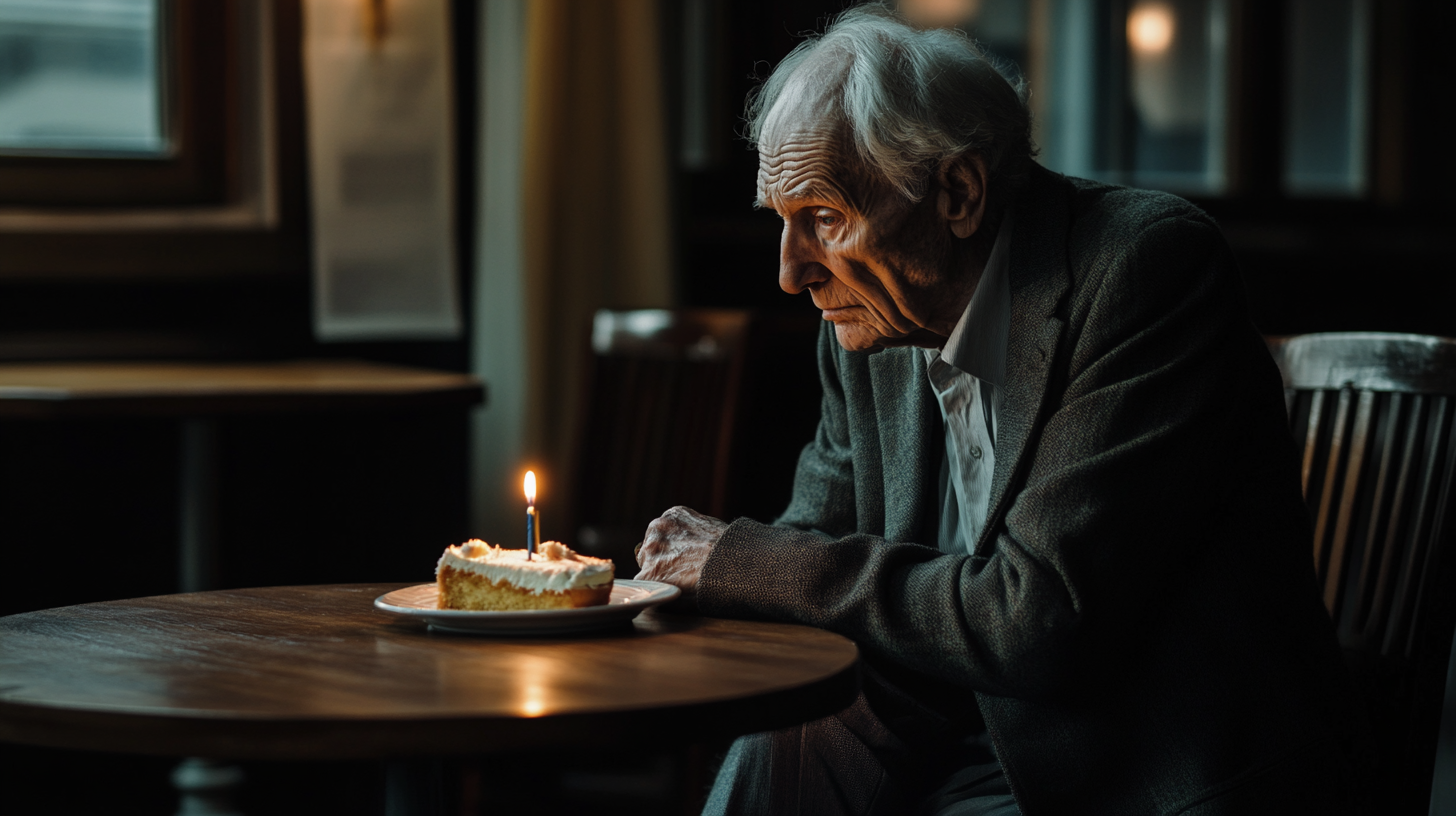 Elderly man sitting alone with a birthday cake | Source: Midjourney