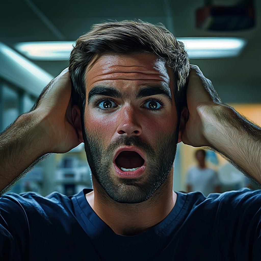 A shocked man in a hospital ward | Source: Midjourney