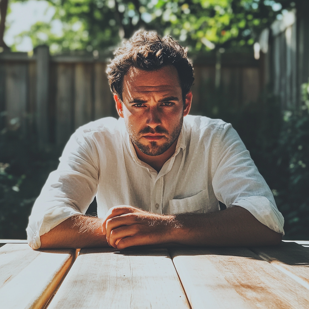 An upset man sitting at a table | Source: Midjourney