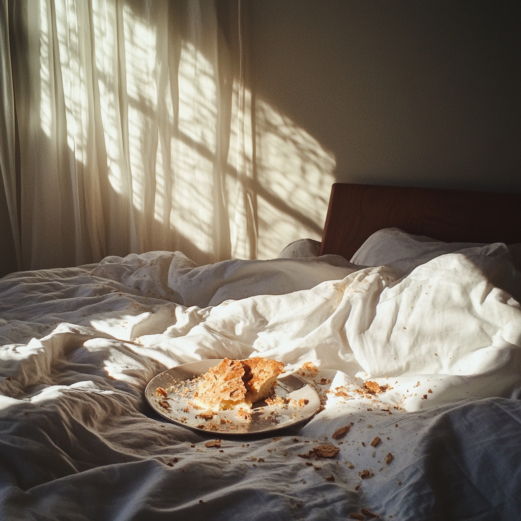 Crumbs on a bed | Source: Midjourney