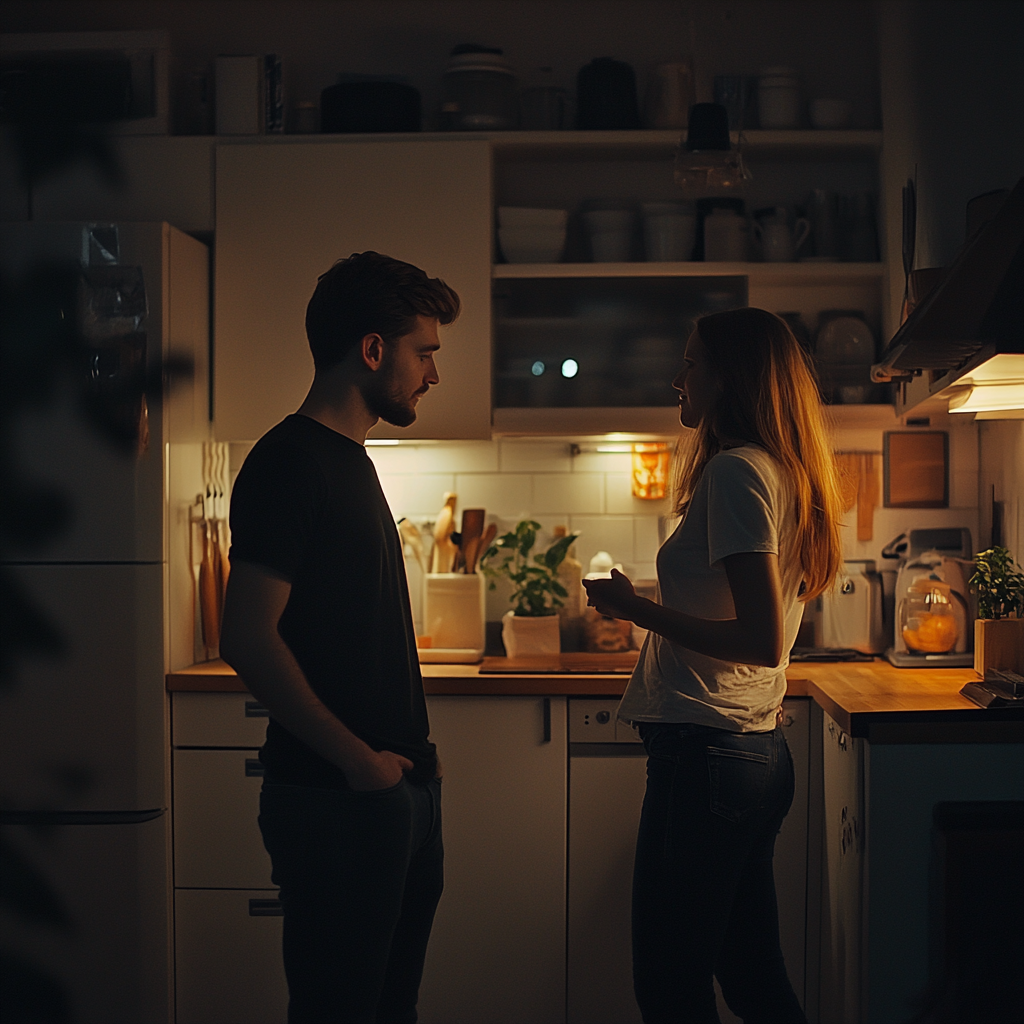 A couple talking in their kitchen | Source: Midjourney