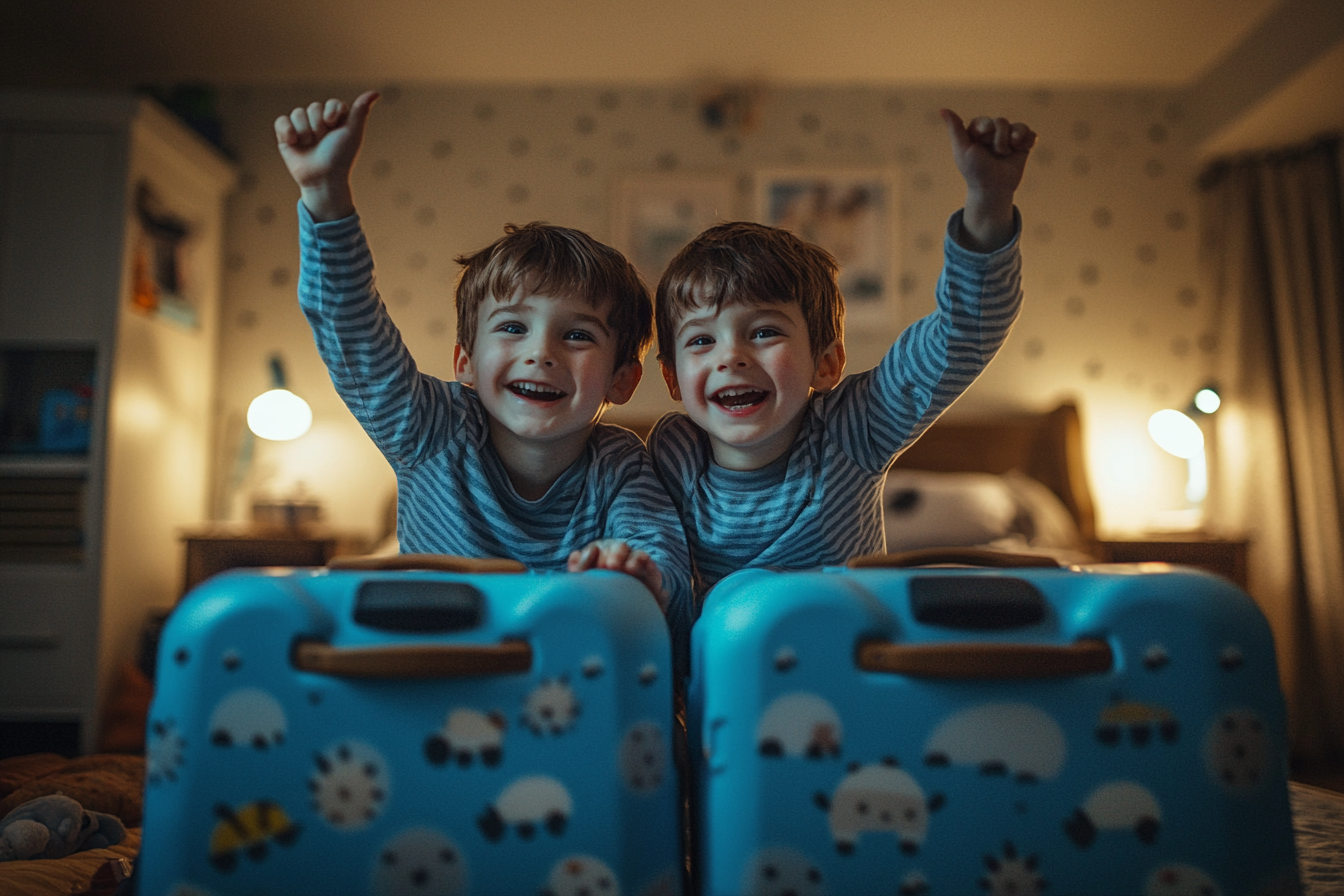 Twin 7-year-old boys in pajamas cheering with their hands in the air in a bedroom with a blue suitcase | Source: Midjourney