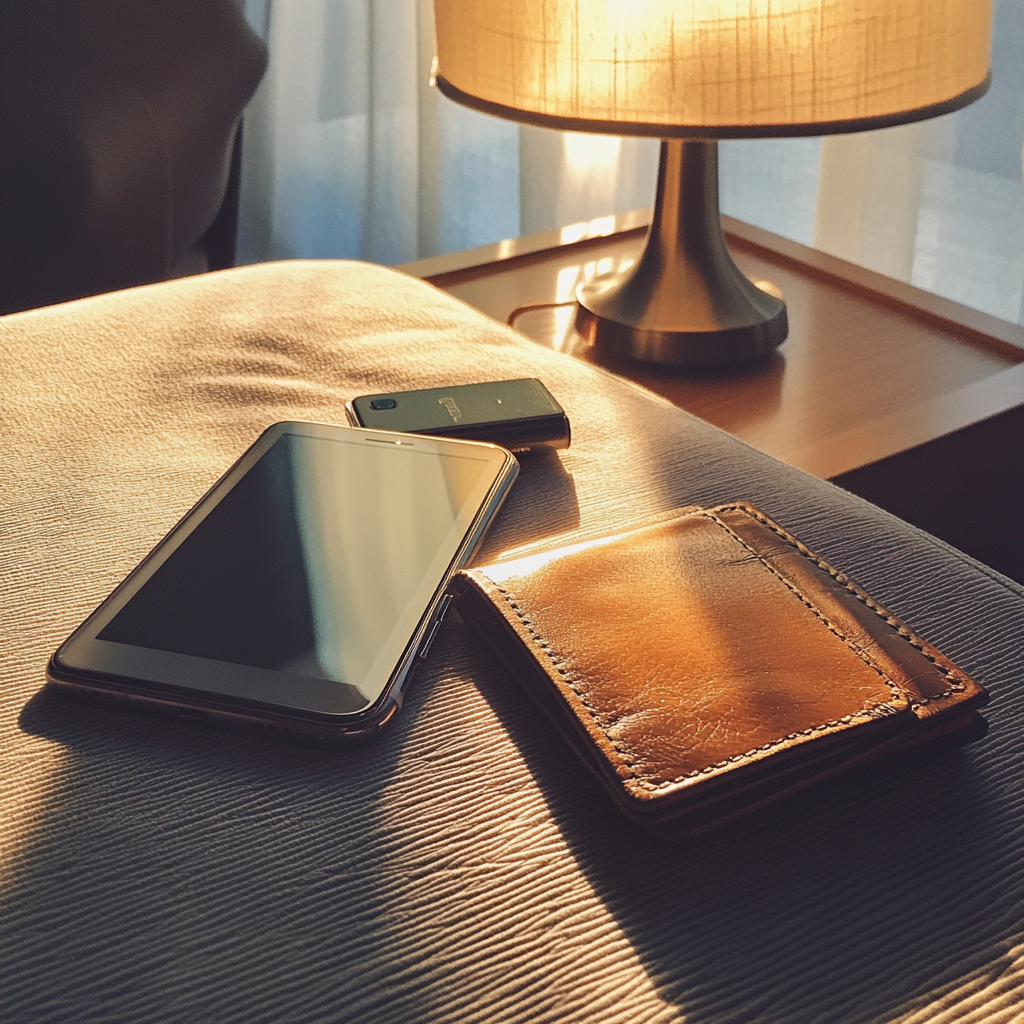 A man's phone and wallet on a table | Source: Midjourney