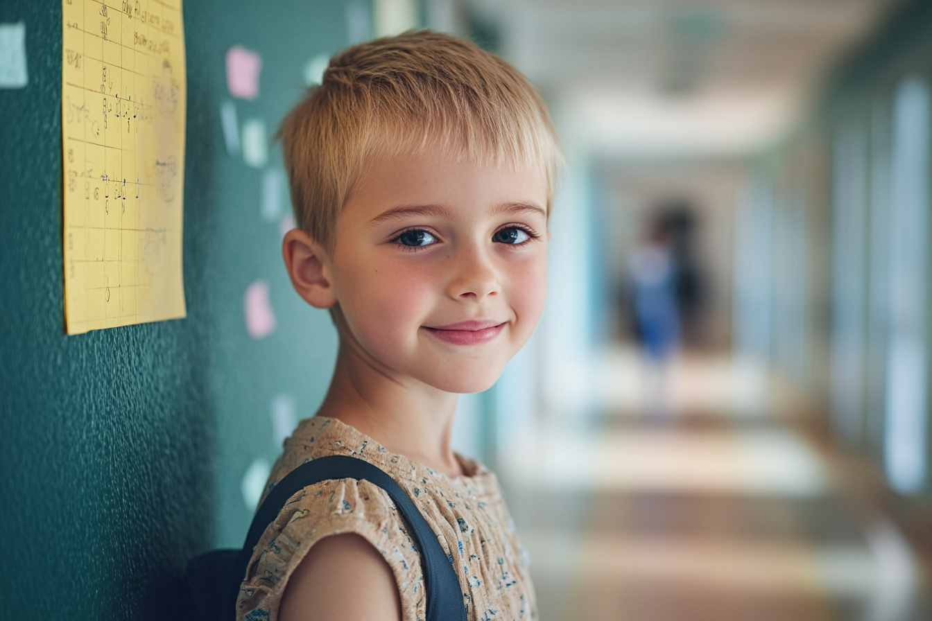 A girl smiling while standing in a school corridor | Source: Midjourney