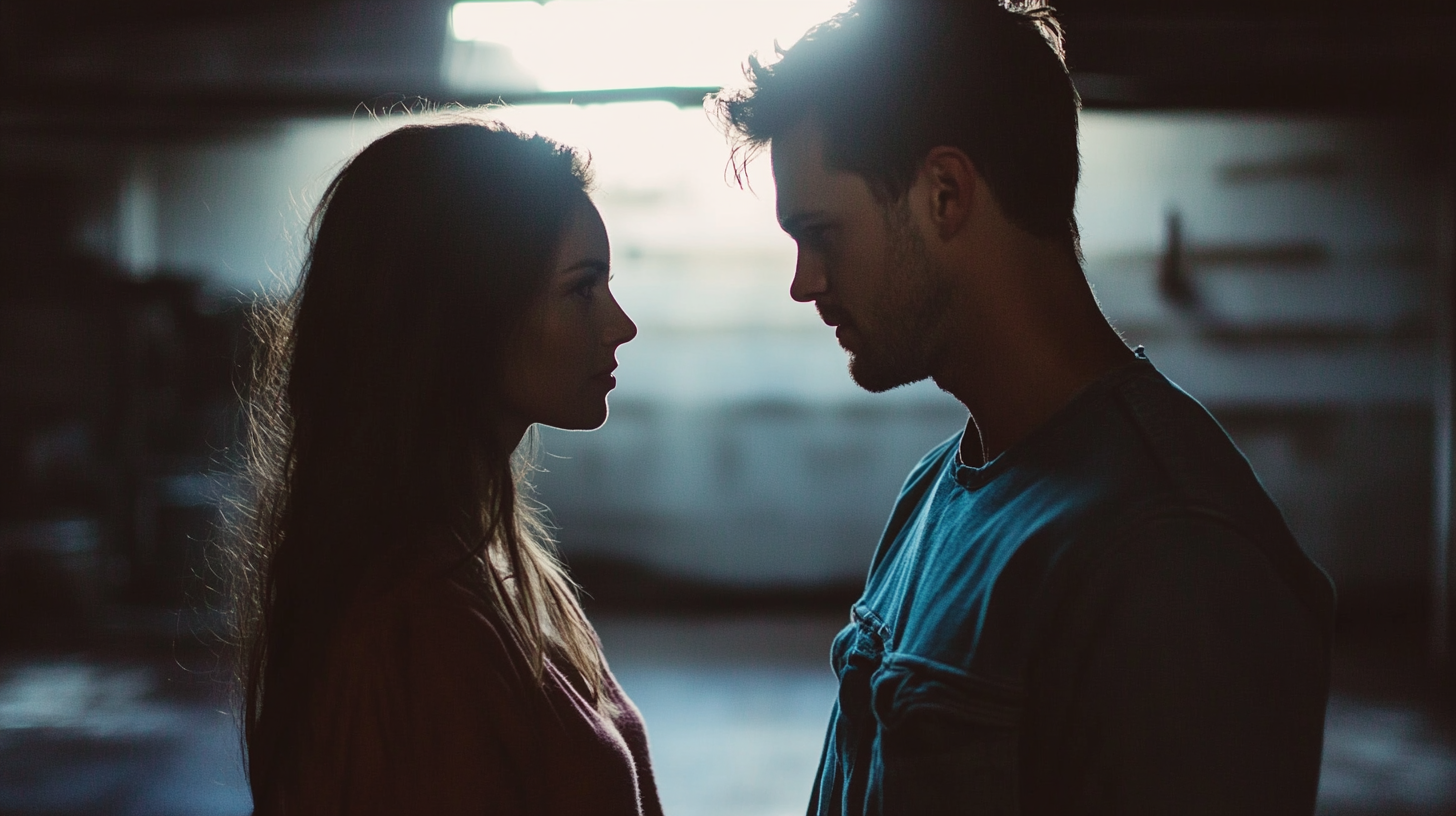 A woman face to face with a man in a garage | Source: Midjourney