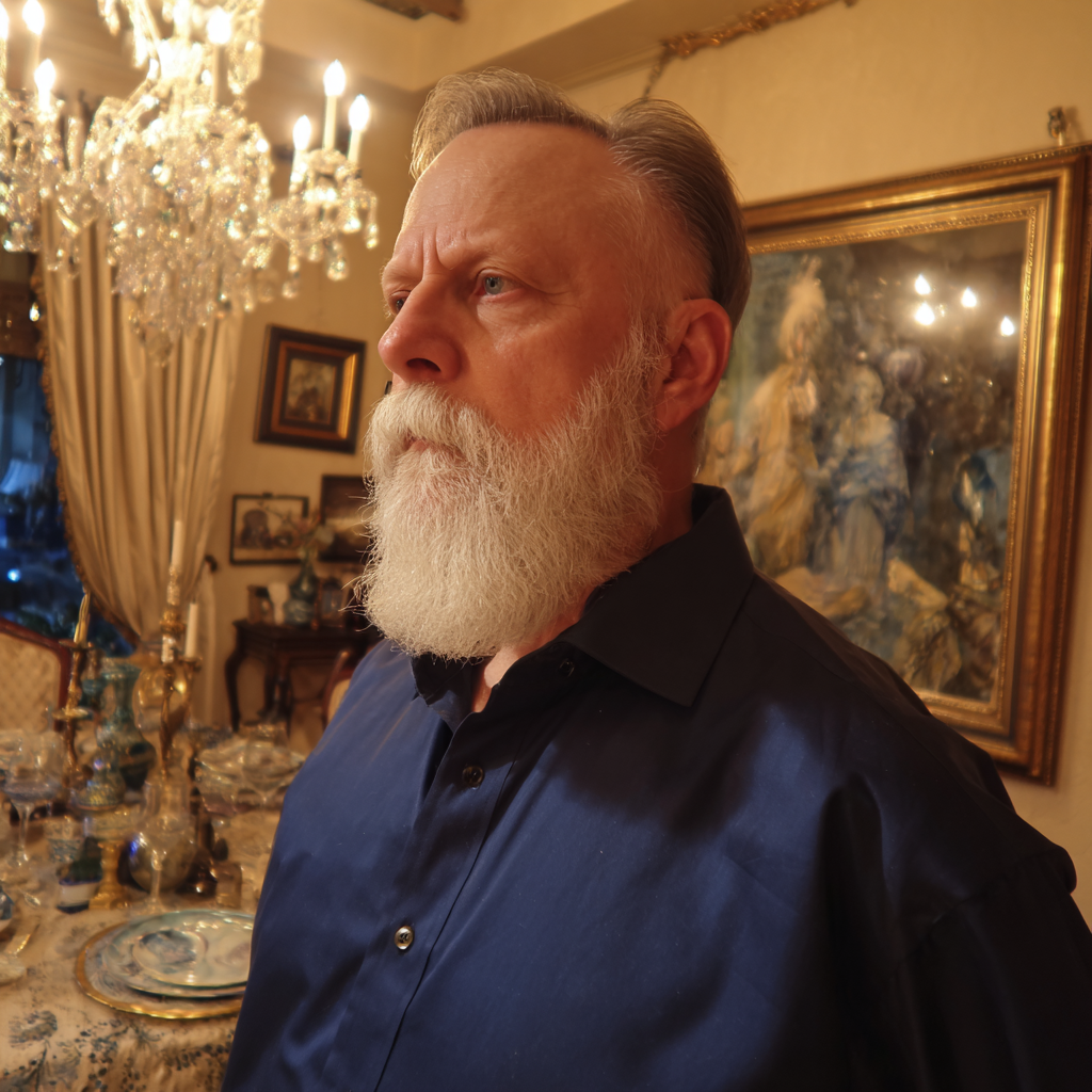 An upset older man standing in a living room | Source: Midjourney