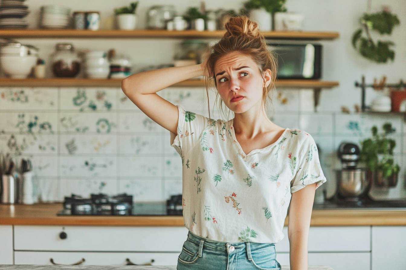 Una mujer en una cocina con aspecto preocupado y confundida | Fuente: Midjourney