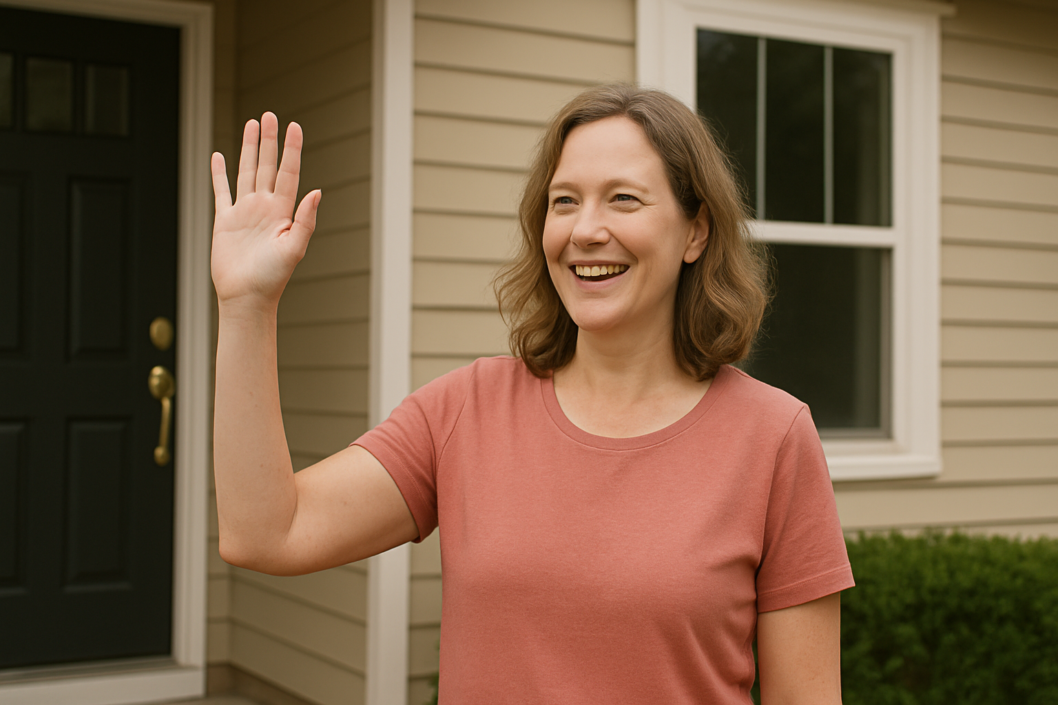 A woman waving near a house | Source: Sora