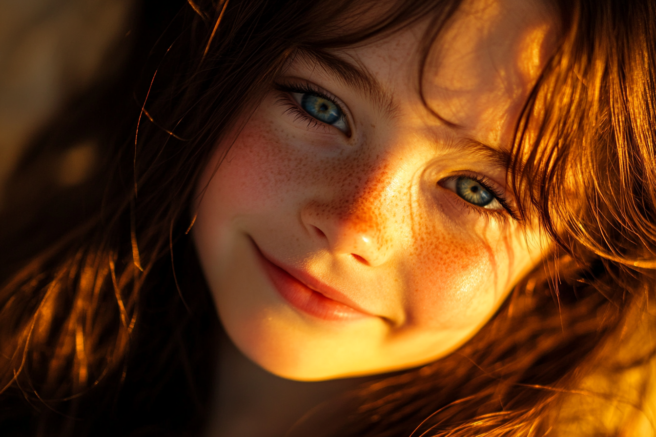 Young teen girl with blue eyes smiling | Source: Midjourney