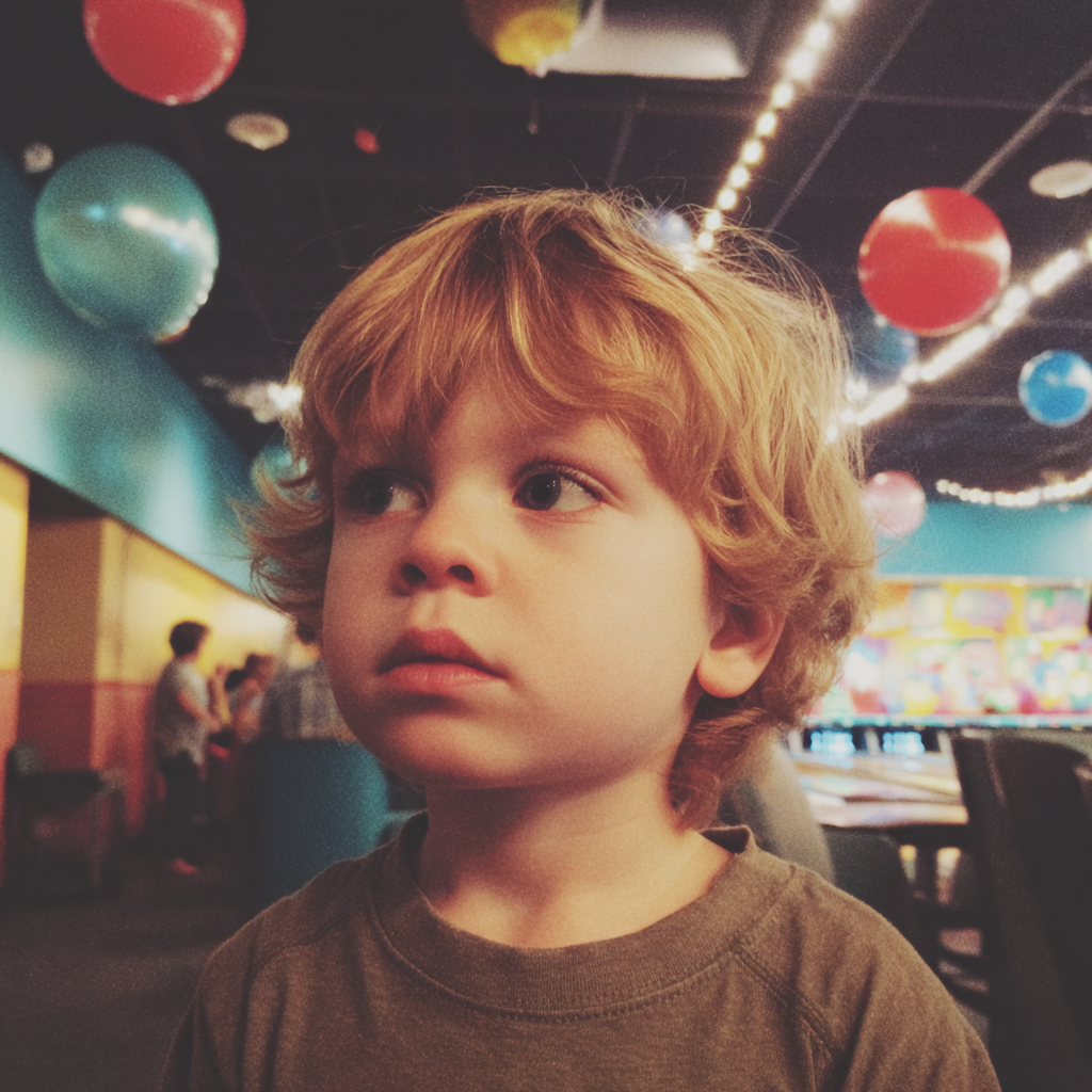 A close up of a little boy in a bowling alley | Source: Midjourney