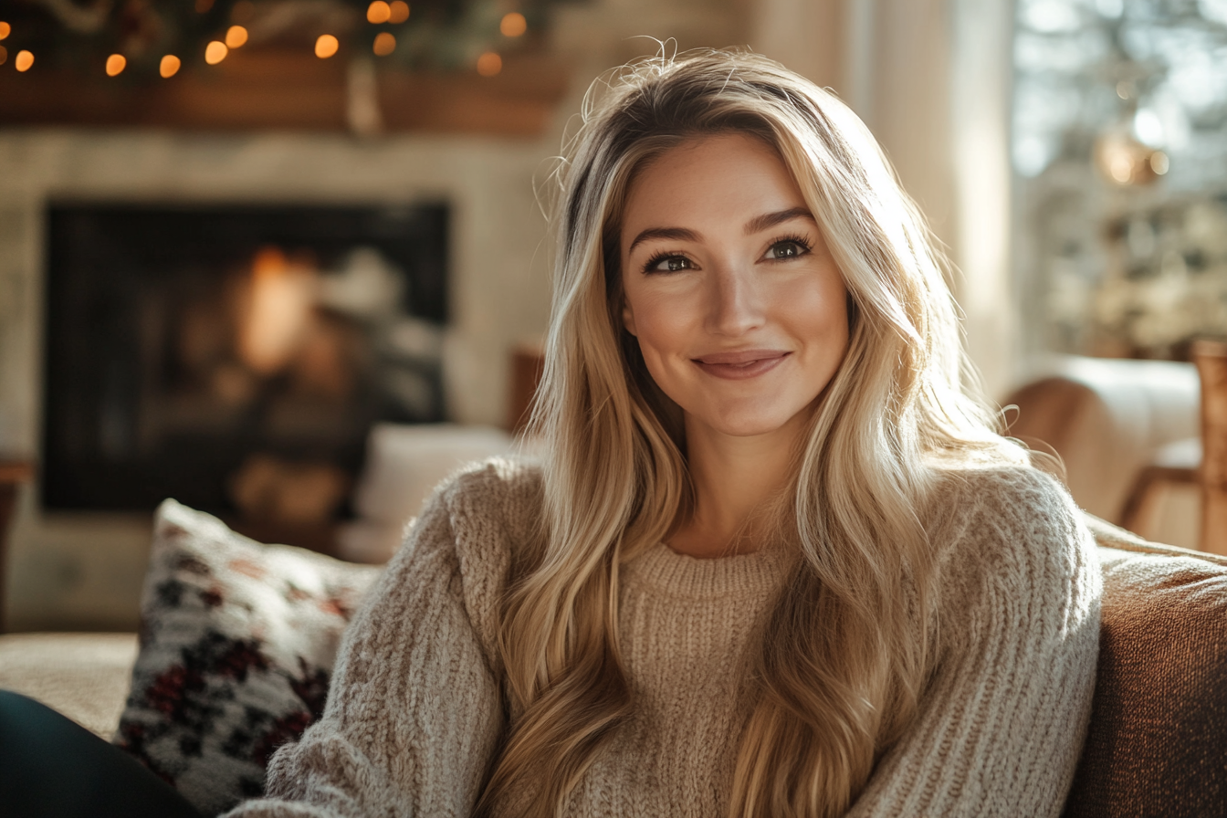 A woman smiling on a sofa | Source: Midjourney