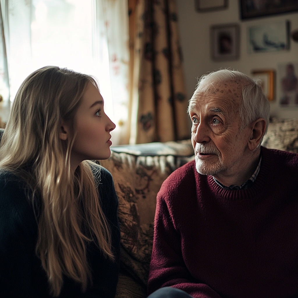 A shocked woman talking an elderly man | Source: Midjourney