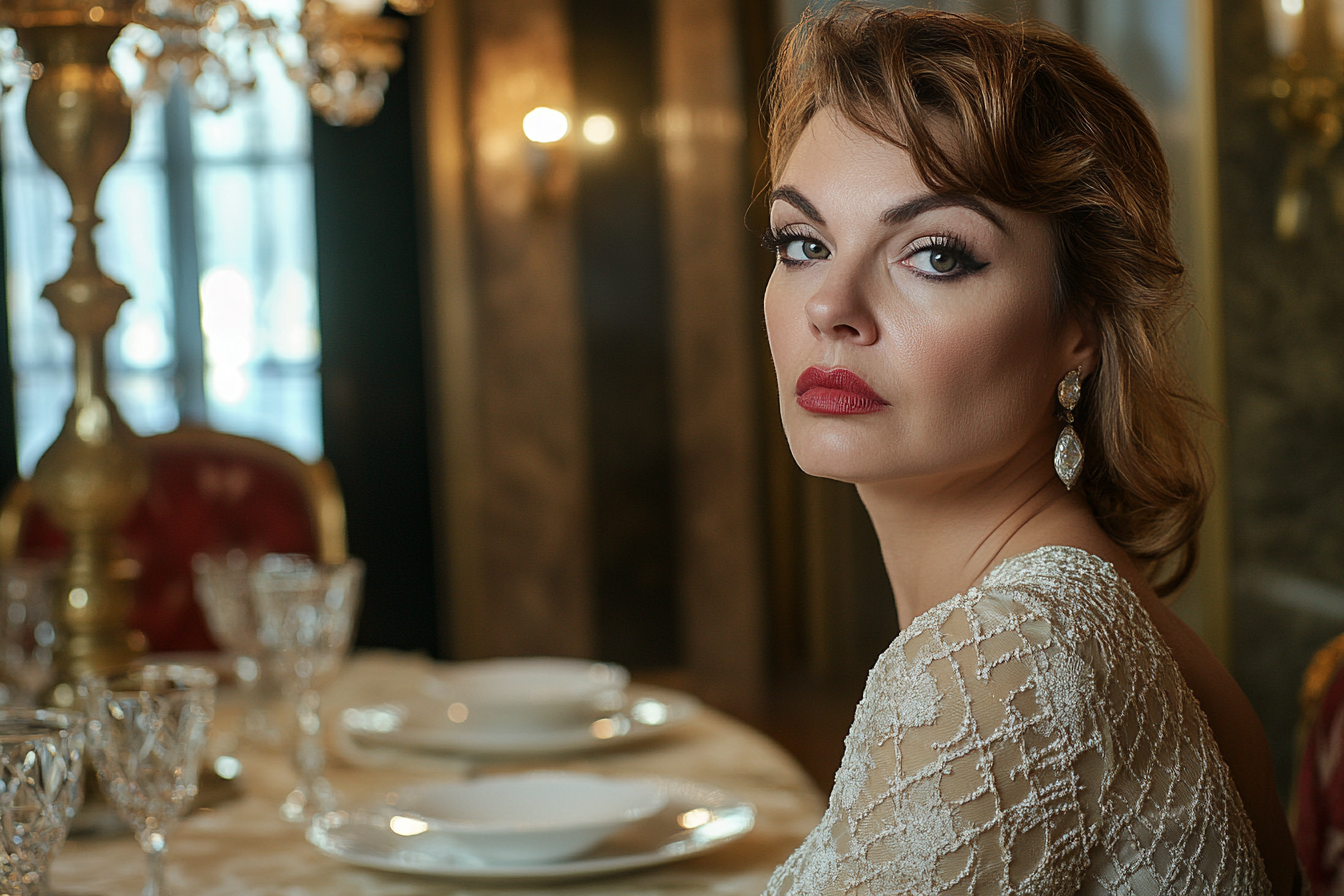 A disapproving woman seated at a dinner table | Source: Midjourney