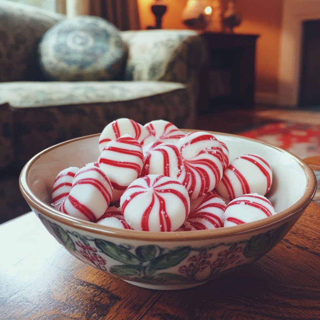 A bowl of peppermint candy on a table | Source: Midjourney