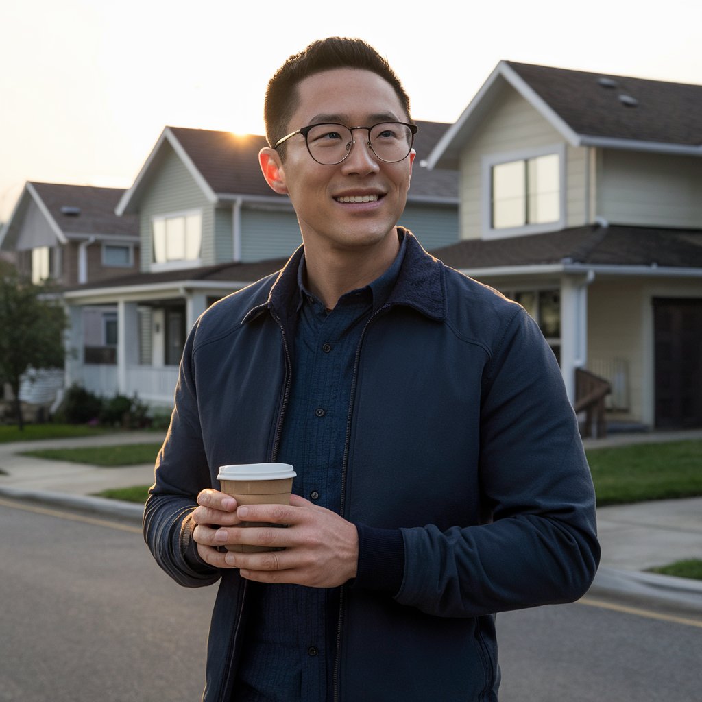 A man standing in a quiet, suburban street, smiling | Source: Midjourney