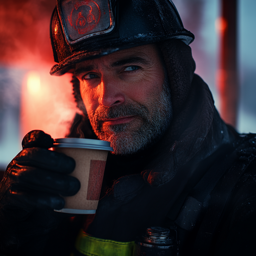 A firefighter drinking coffee | Source: Midjourney