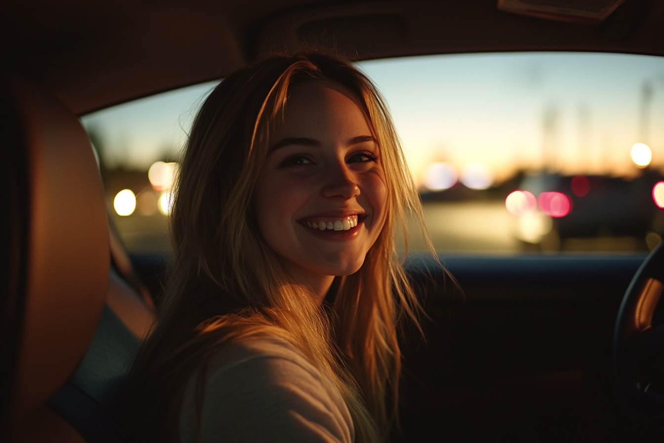 A woman smiling while sitting in her car | Source: Midjourney