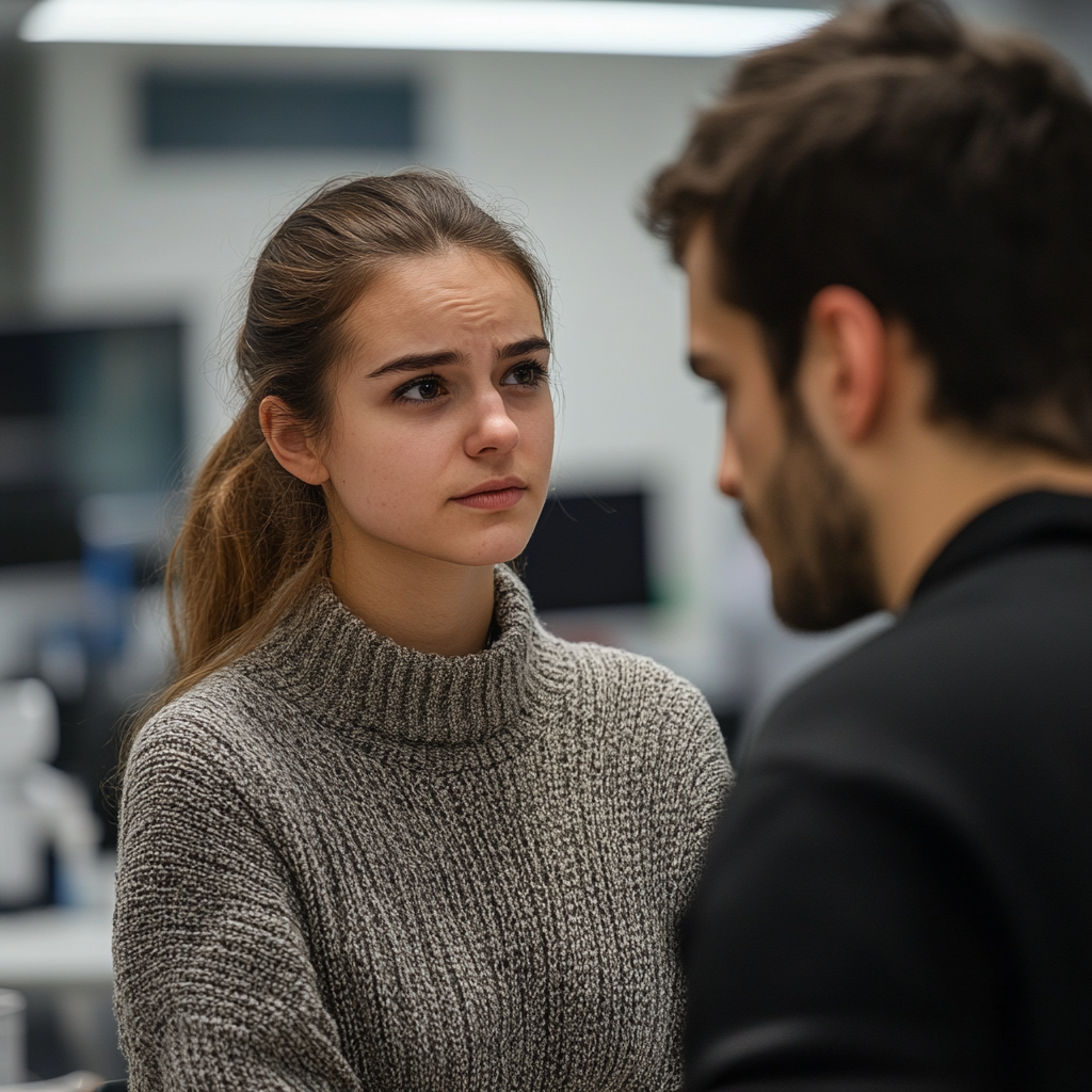 A sad serious woman talking to a lab tech | Source: Midjourney