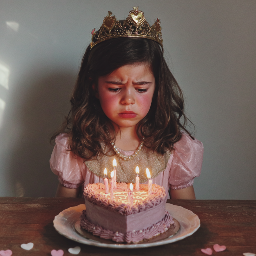 An upset little girl looking at her birthday cake | Source: Midjourney