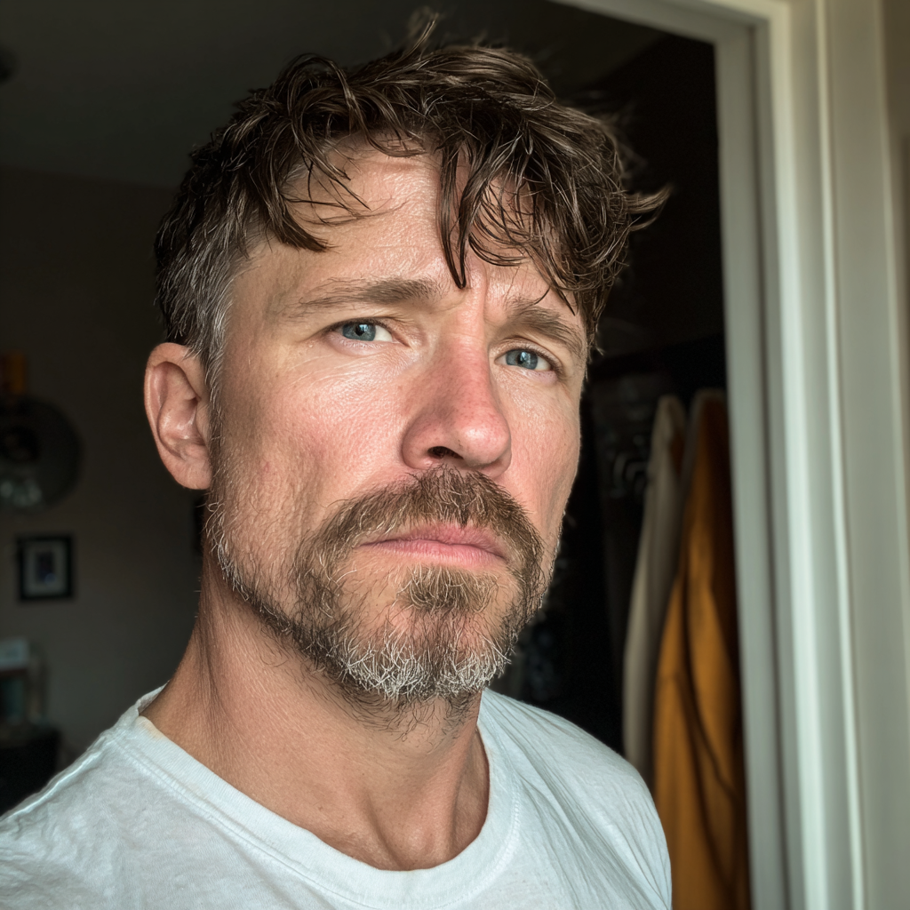 A frowning man standing in a doorway | Source: Midjourney