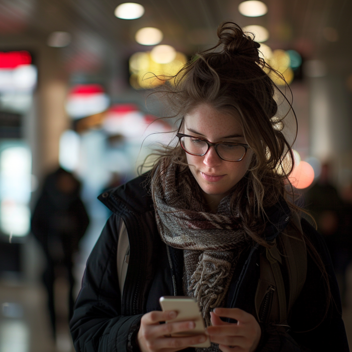 A woman checking her phone in an airport | Source: Midjourney