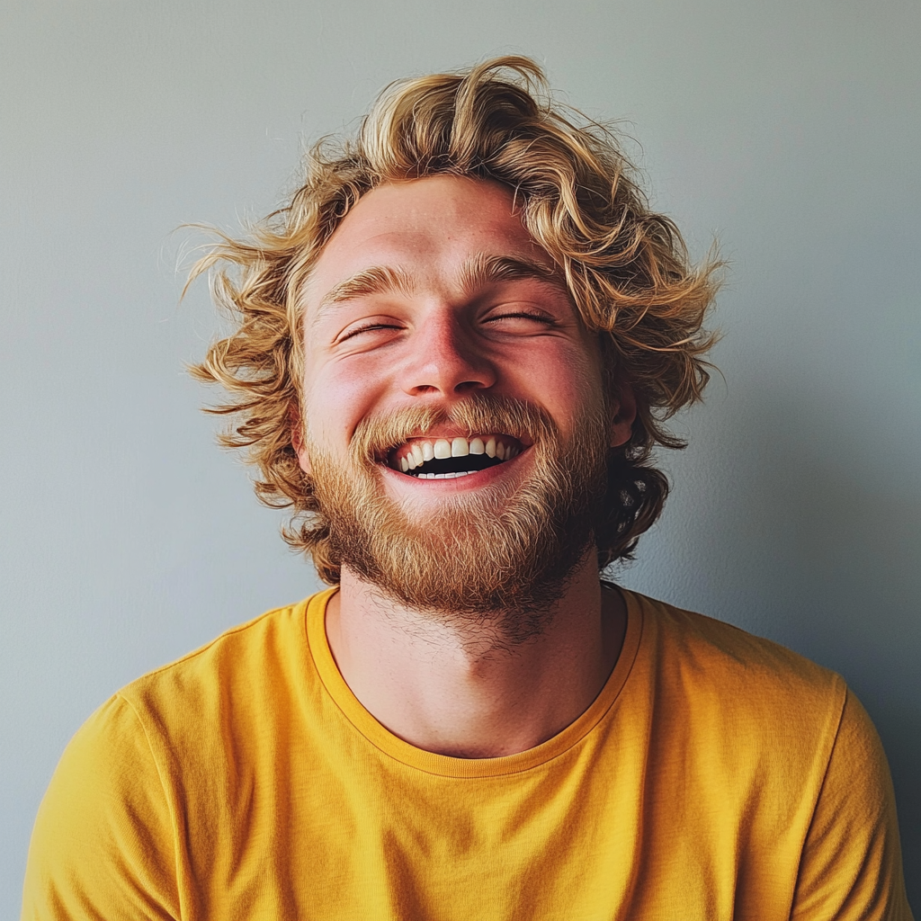A laughing man wearing a yellow t-shirt | Source: Midjourney