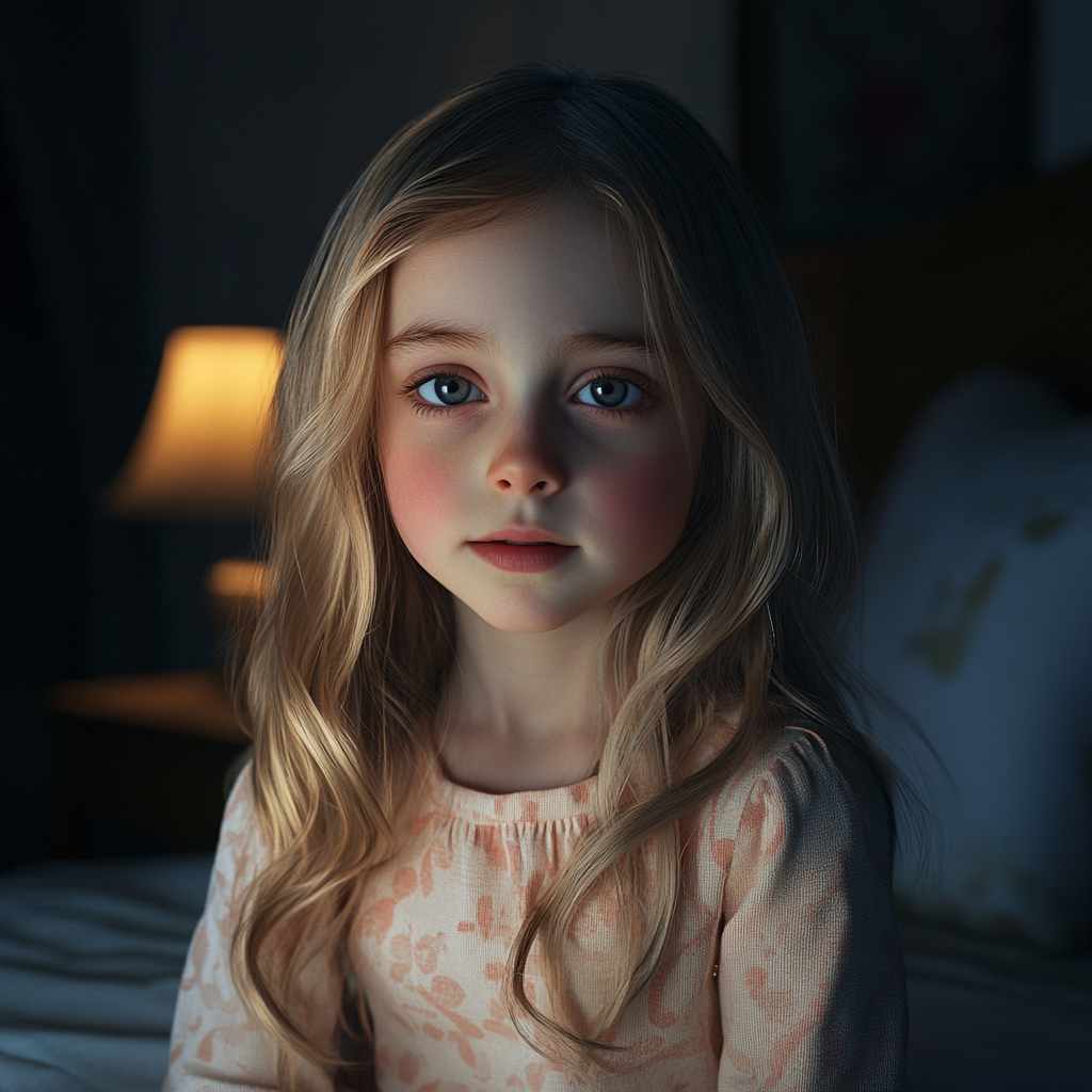 A little girl sitting on her bed | Source: Midjourney