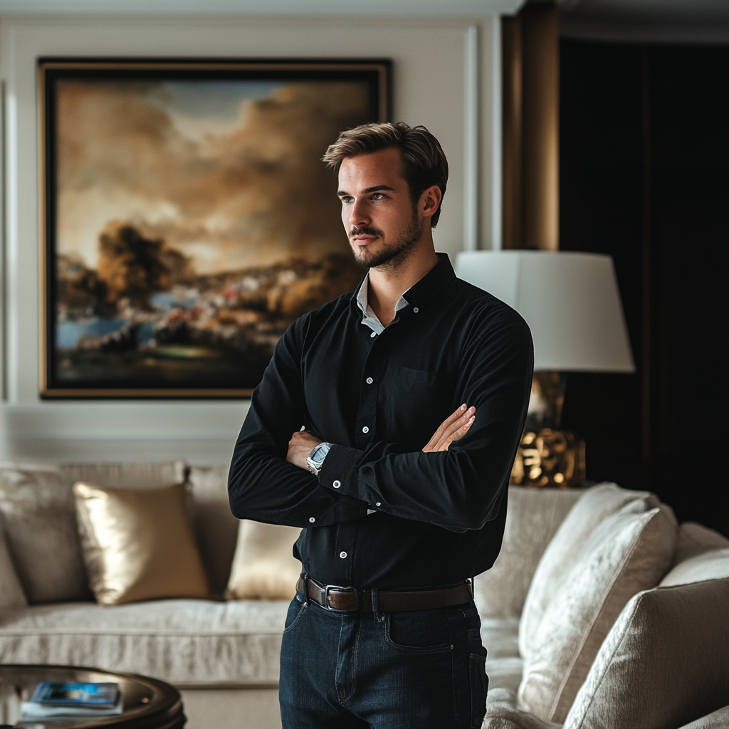 Serious young man standing in a luxurious living room with crossed arms | Source: Midjourney