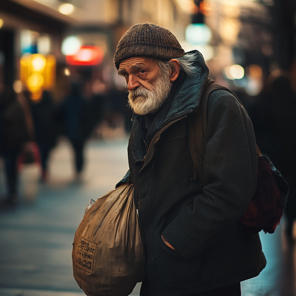 A hunched homeless man with a bag | Source: Midjourney